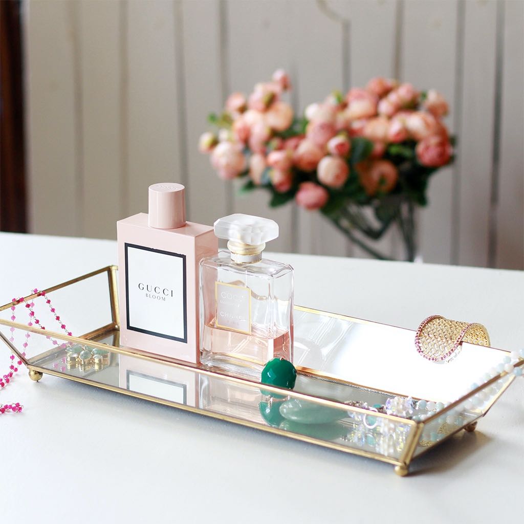 brass and glass vanity tray 