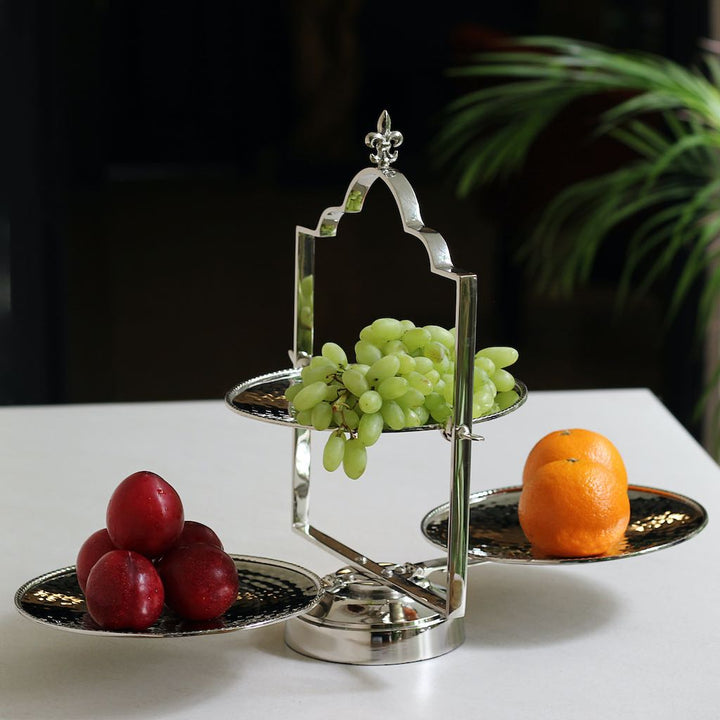 tiered serving platter made of stainless steel and brass