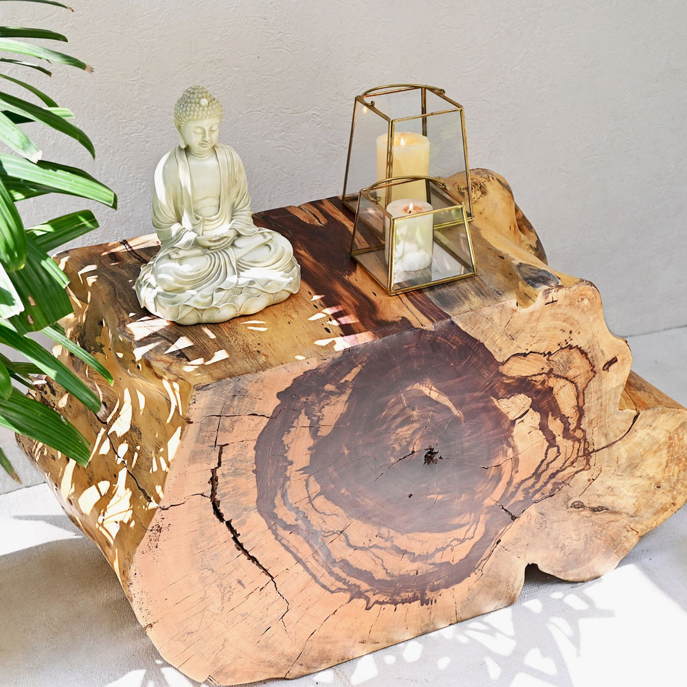 A sliced and carved teak flat console table displayed with decorative items on top.