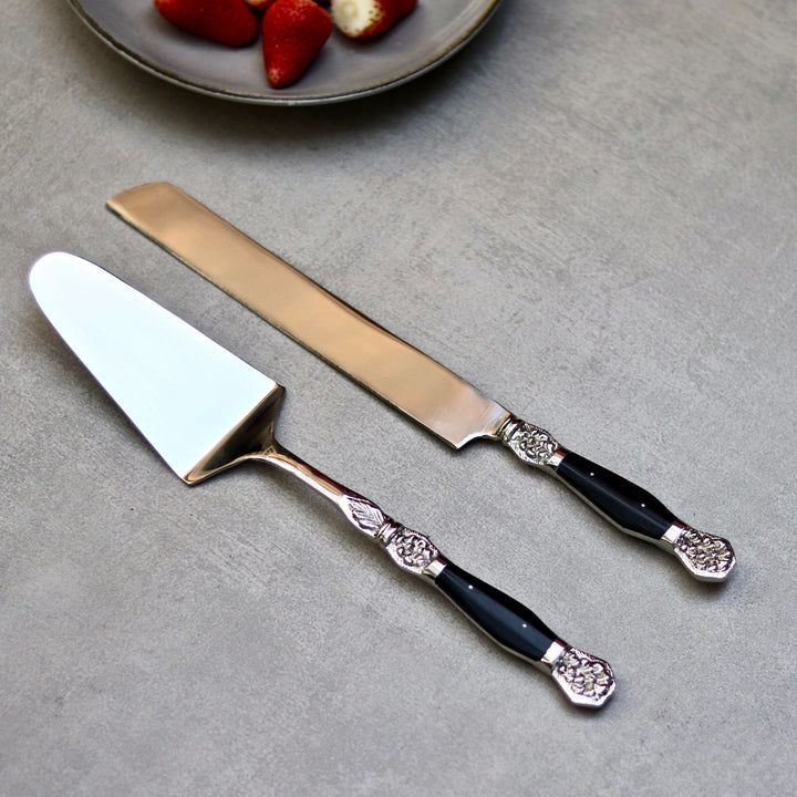 cake server and knife set with black inlay handles