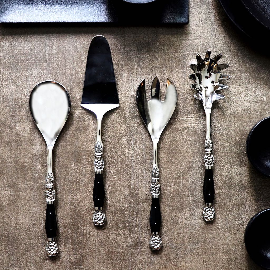 serving cutlery set with black inlay handles