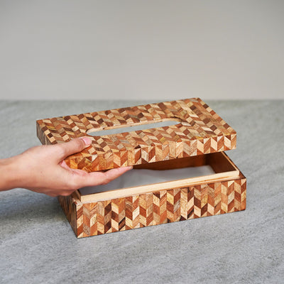 wooden tissue box with inlay design