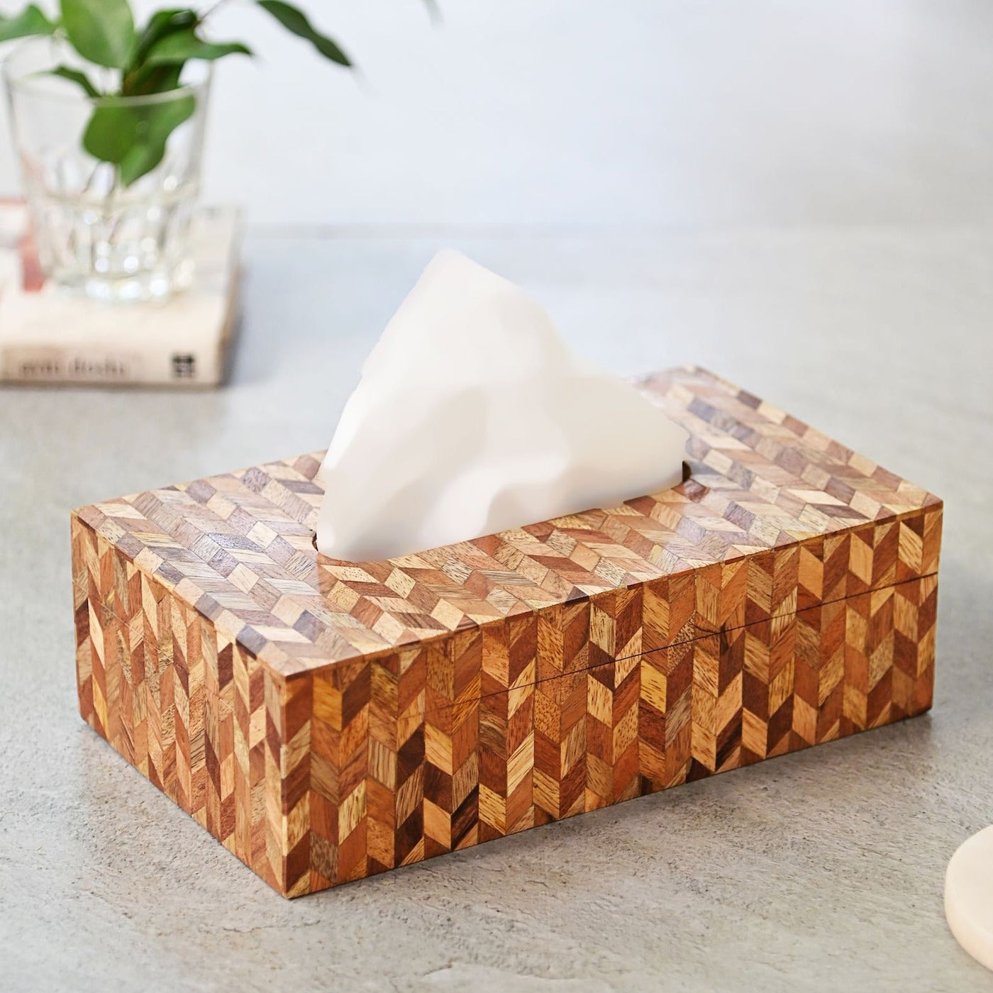 wooden tissue box with inlay design