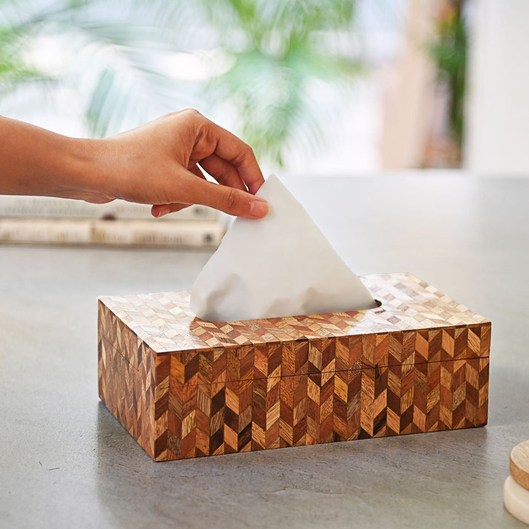 wooden tissue box with inlay design