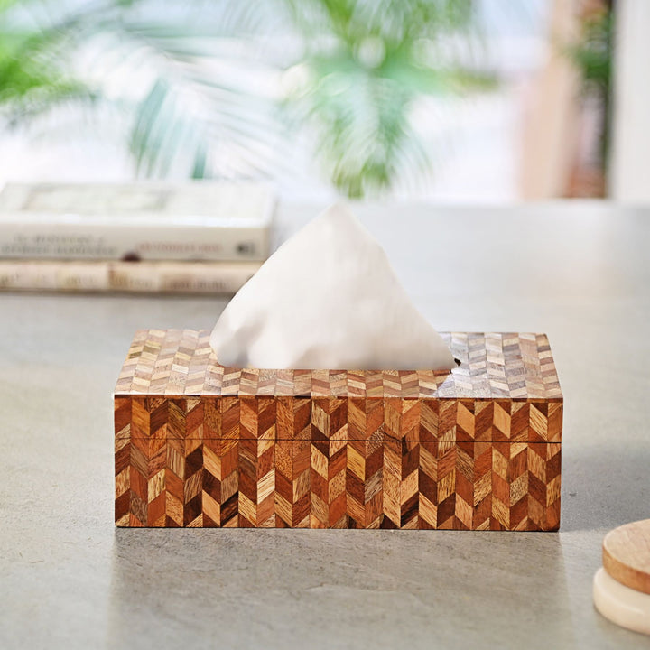 wooden tissue box with inlay design