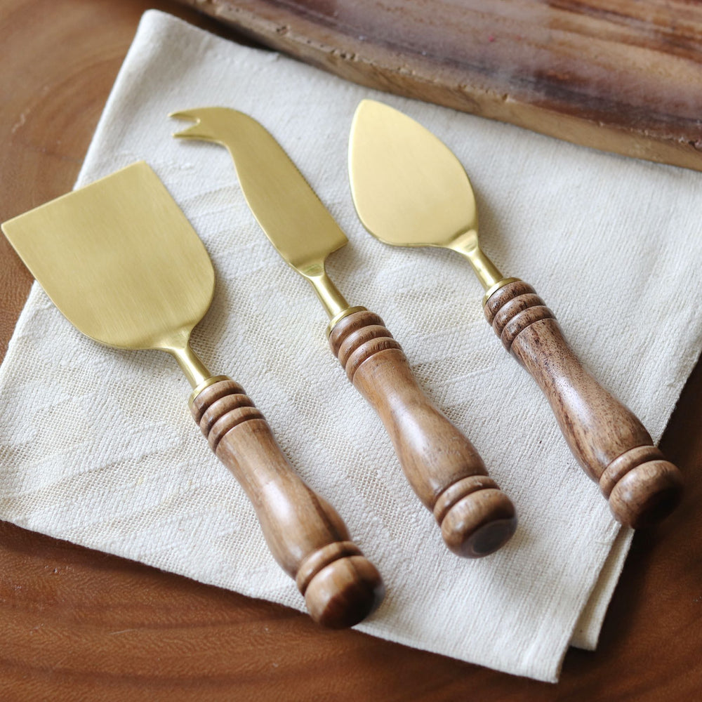 matte gold colour cheese knives set with wooden handles